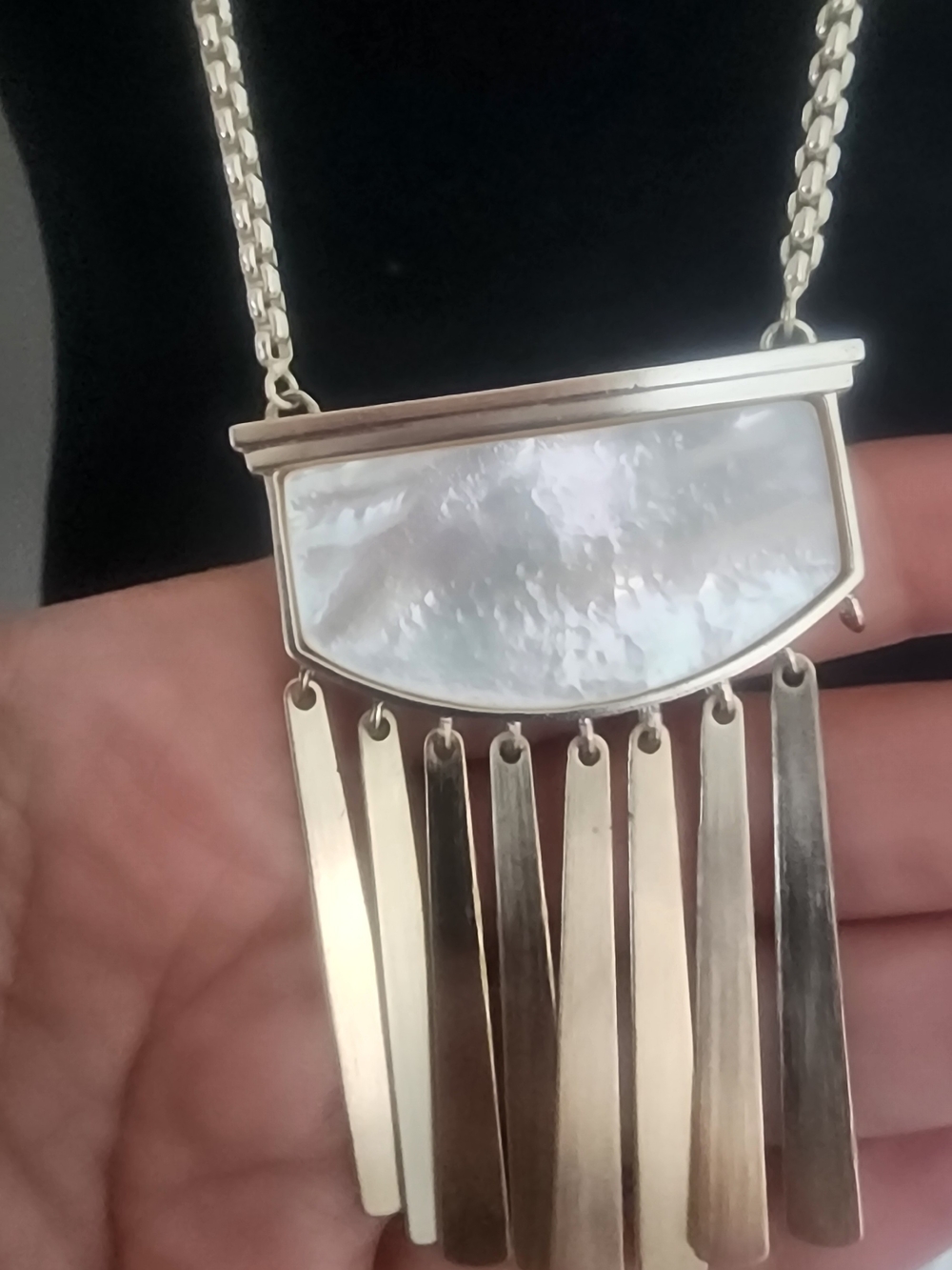 Gold Fringe Pendant Necklace with Mother-of-Pearl Inlay . One Missing Link - Picture 8 of 15